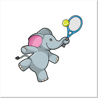 Elephant at Tennis with Tennis racket Posters and Art